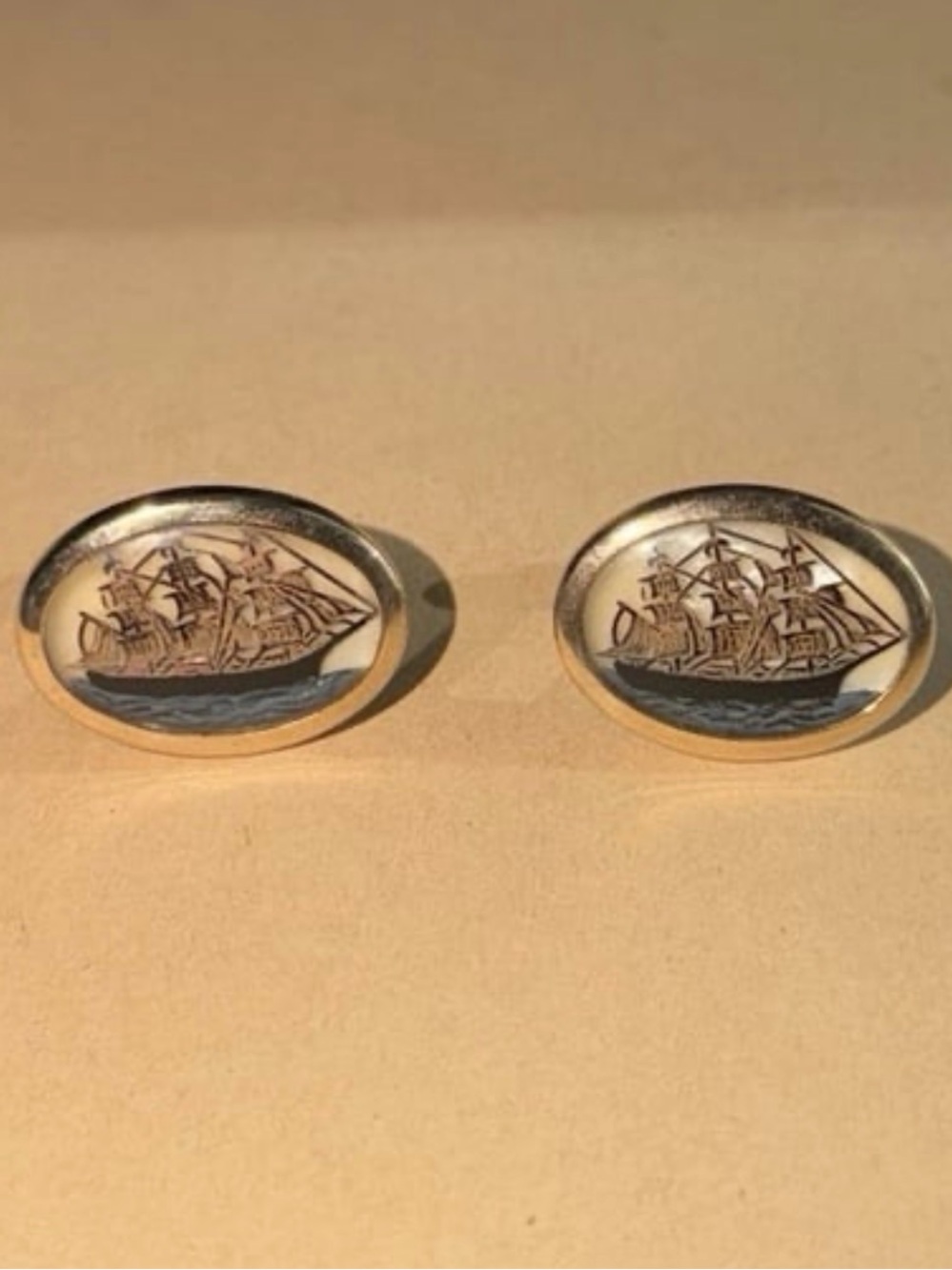 Vintage Clipper Ship Oval Gold Tone Cufflinks